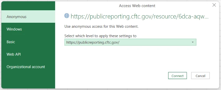Excel’s Access Web content dialog for publicreporting.cftc.gov: Anonymous selected on the left, the Connect button at the bottom right.